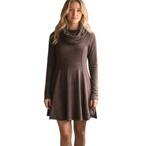 FREE PEOPLE BEACH FRANCES SM Brown Cocoon Cowel Neck L/S Boho Skater Mini Dress